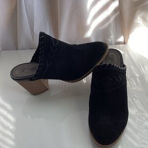 Sofft Black Suede Mules with Wooden Block Heel